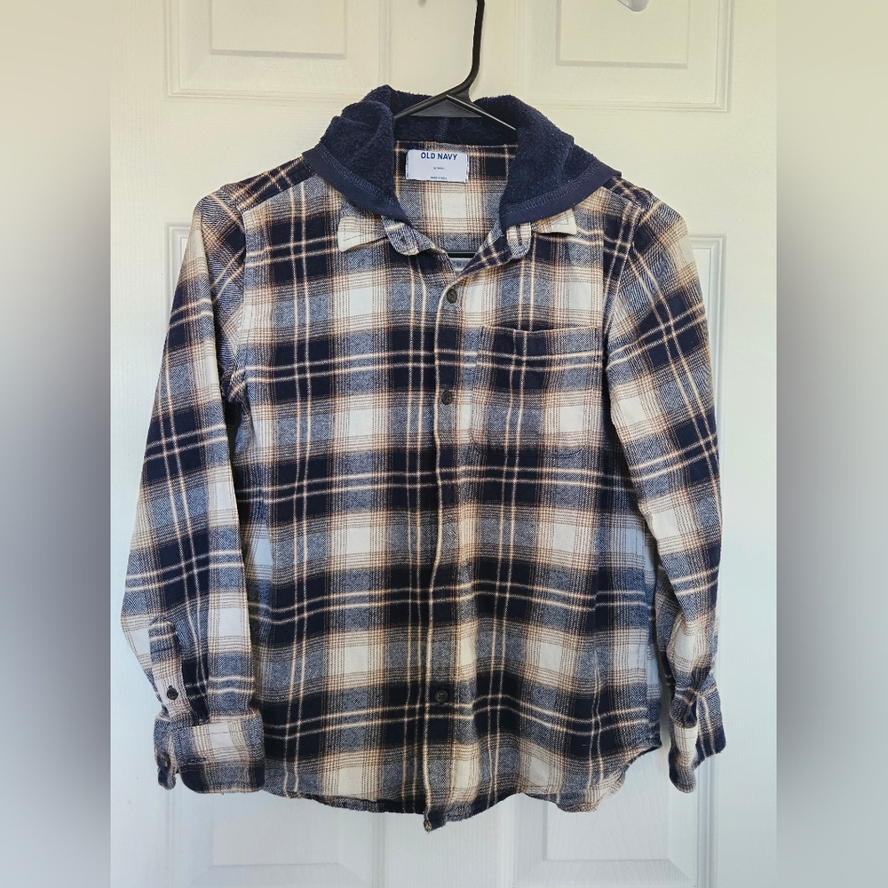 Old Navy Navy and Cream Hooded Plaid Shirt